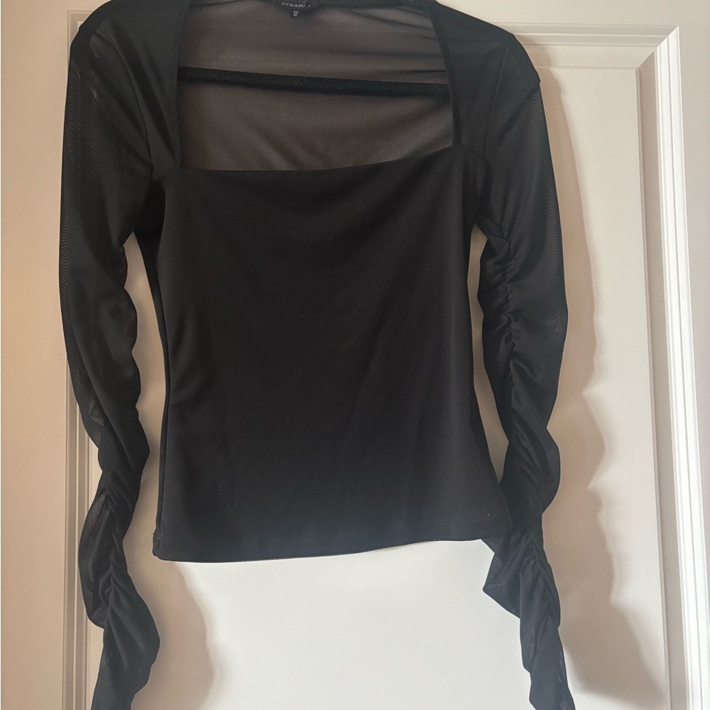Dynamite Mesh Shirred Square Neck Long-Sleeve Women's Top